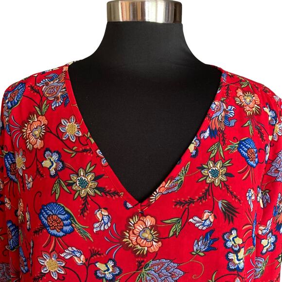 Chelsea & Theodore Red Floral Print Tunic Top Long Sleeves Layer Lagenlook Large - Picture 2 of 9